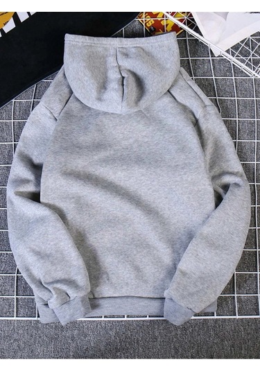 Kalp Ritimli Sweatshirt - Gri Baskılı Oversize Kalın Kışlık Kapüşonlu Gri