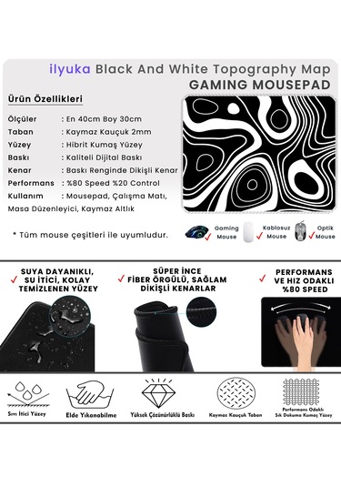 İlyuka Mousepad 40x30cm Gaming Oyuncu Mp384030 Black White Map