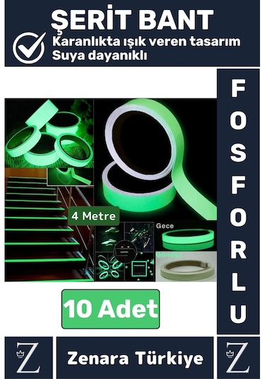 Premium Karanlıkta Işık Veren Suya Dayanıklı Ev Bahçe Merdiven Fosforlu Şerit Bant 4 Metre X 10 Adet