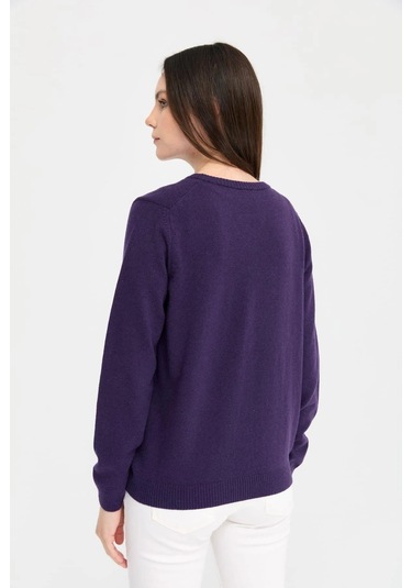 Desen Triko Kadın V Yaka Yün Hırka 21021 K.mor K.mor Mor