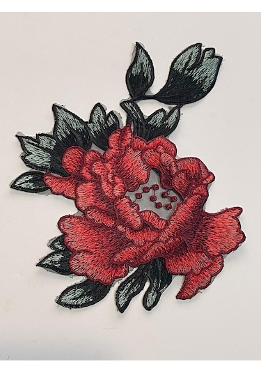 23x17 Cm Nakış Işleme Kırmızzı Gül Güpür Aplik Yama