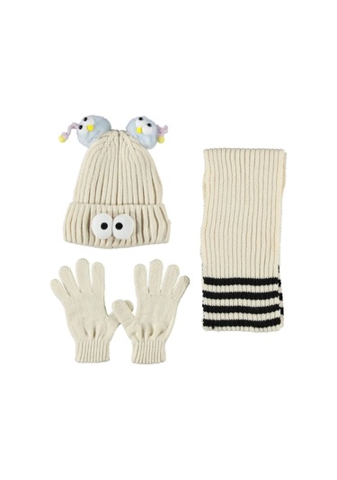 Kitti Çocuk Kız Atkı Bere Eldiven Takım 4-8 Yaş K24170-09 Beyaz Beyaz
