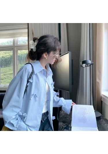 Kadınlar İçin 3d Fiyonklu Mavi Gömlek Kadın Şık Çok Yönlü Günlük Yaka Üst Düz Renk Uzun Kollu Bayan Tek Sıra Düğmeli Gömlekler Gökyüzü Mavisi