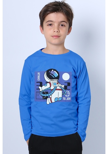 Hçm Erkek Çocuk Uzun Kollu Tshirt Astronot Baskılı Bisiklet Yaka B40 Mavi