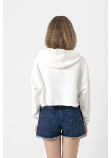 Free Facehugger Hugs Ekru Kadın Crop Kapşonlu Ekru