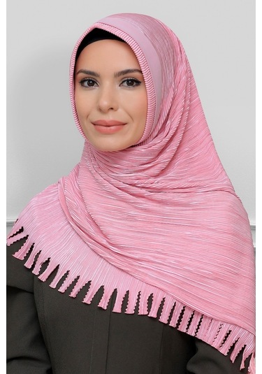 Pudra Pratik Hazır Geçmeli Tesettür Eşarp Fukuro Piliseli Saçaklı (545491342) Pudra
