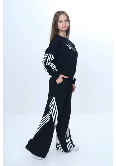 Kız Çocuk %100 Pamuk Şeritli Oversize 2 İplik Alt&üst Eşofman Takımı-305-eşt-0009 Siyah