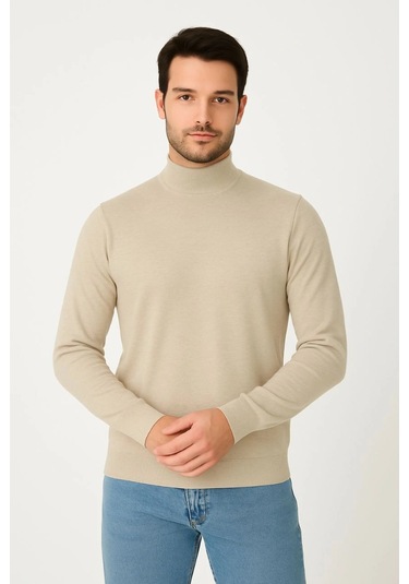 Erkek Yarım Boğaz Triko Kazak Yumuşak Dokulu Pamuklu İnce Dokuma, Uzun Kollu Rahat Regular Kalıp - Bej Siyah