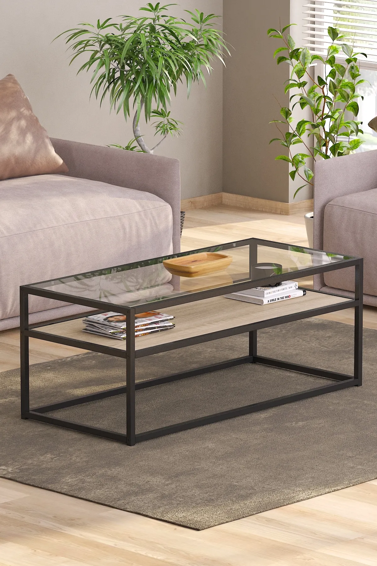 Modern Metal Iskeletli Temper Camlı 2 Katlı Dikdörtgen Orta Sehpa Endülüs-siyah-şeffaf