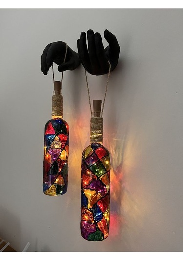 Siyah Renkli Erkek Eli Heykeli Ve Tıpa Peri Led Işıklı Vitray Cam Çok Renkli