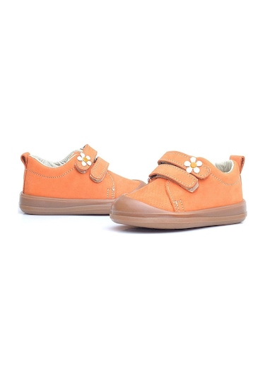 Rakerplus Sonic Hakiki Deri Turuncu Cırtlı Çiçekli Kız Bebek Sneaker Ayakkabı Turuncu