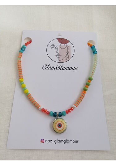 El Yapımı Kolye Uçlu Çok Renkli Kristal Cam Boncuk Kolye Çok REnkli