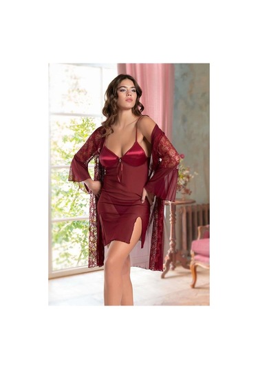 Bordotransparan Dantel İşlemeli Tül Yırtmaçlı 2'li Gecelik Takımı Bordo