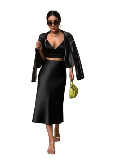 Kadın Saten Kalça Balık Etek Siyah