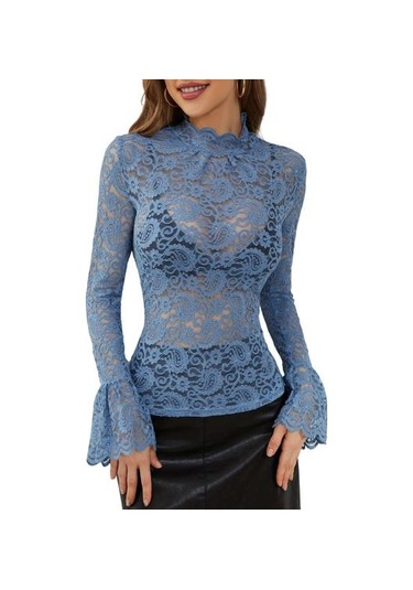 Kadın Üst Giyim Dik Yaka Alevli Uzun Kollu Dar Kesim Gömlek Düz Renk Şeffaf Oyuk Nakış Dantel Çiçek Desenli Üstler Mavi