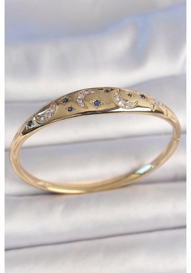 Pirinç Gold Renk Zirkon Taşlı Hilal İşleme Mavi Taşlı Yıldız Detay Kadın Kelepçe - Tj-bb6920 Gümüş