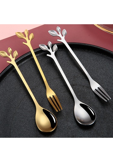 Neevoyu Evde Kullanalım Yeşil Yaprak Desenli Paslanmaz Çelik Kahve Kaşığı, Tatlı Çatalı, Ev Çamaşırı Servis Takımı - Altın Renkli Estetik Spoon Fork Seti Altın