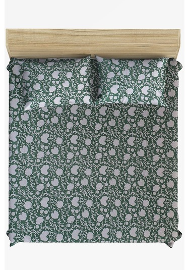 Maki Pamuklu Çiçekli 160x200 Çift Kişilik Lastikli Çarşaf Seti Yeşil