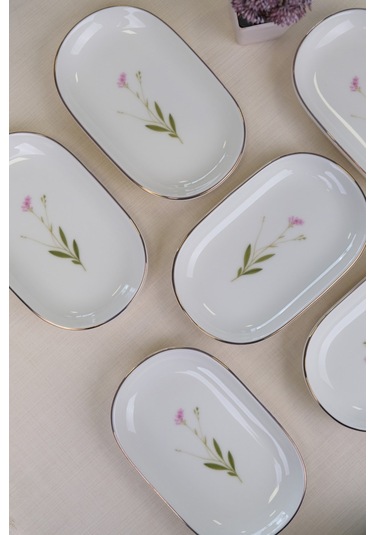 Tabak Evi Porselen Natura Çuha Altın Yaldızlı Oval Kayık Tabak 22,50x14,50x2,50cm 6 Lı Çok Renkli