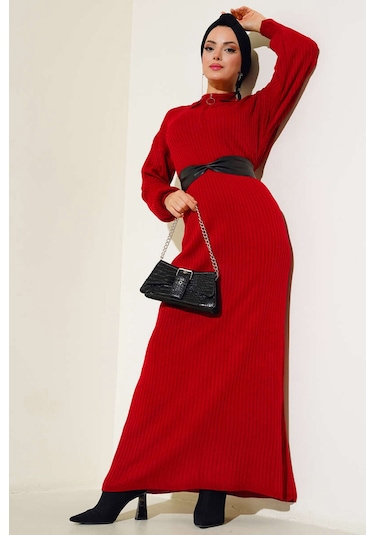Bigdart 15900 Boydan Tesettür Triko Elbise - Kırmızı
