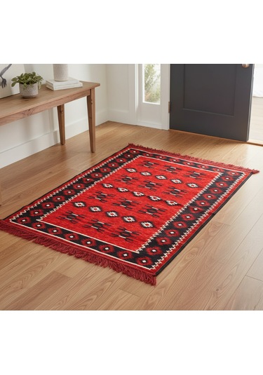 Etnik Motifli Otantik Dekoratif Kilim Desenli Halı 80cmx125cm M1 Kırmızı - Siyah