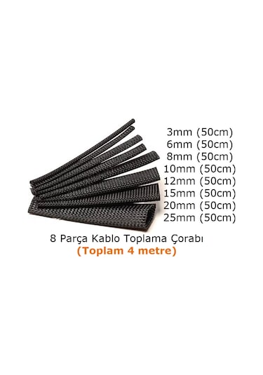 8 Çeşit Kablo Toplama Çorap seti (Toplam = 4 Mt)