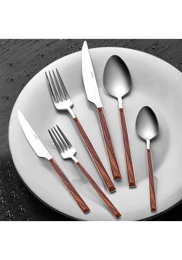 Nehir Bambu Ahşap Görünümlü 36 Parça Çatal Kaşık Bıçak Takımı Ahşap