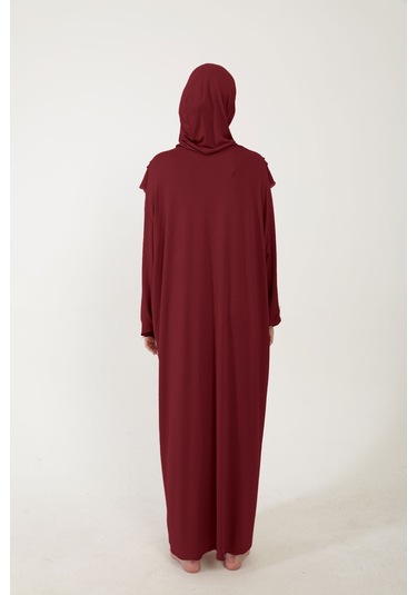 Kadın Tesettür Pamuklu Başörtülü Namaz Elbisesi Dantelli Tek Parça Penye Kumaş Bordo