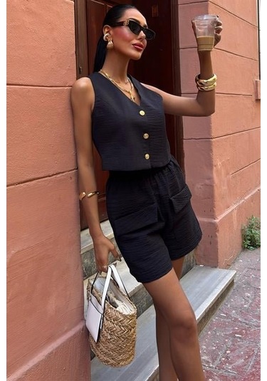 Mini Yelekli Şortlu Keten Takım 10176-08 Si Yah