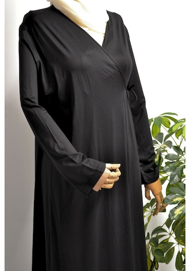 Kadın Yandan Bağlamalı Pamuklu Penye Namaz Elbisesi 38-48 Beden Siyah