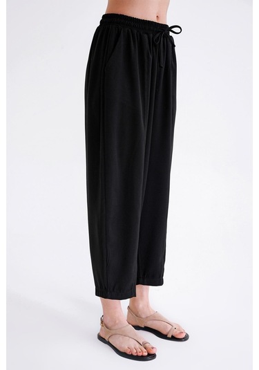 4307 Kadın Beli Lastikli Parçalı Şalvar Pantolon Siyah Siyah