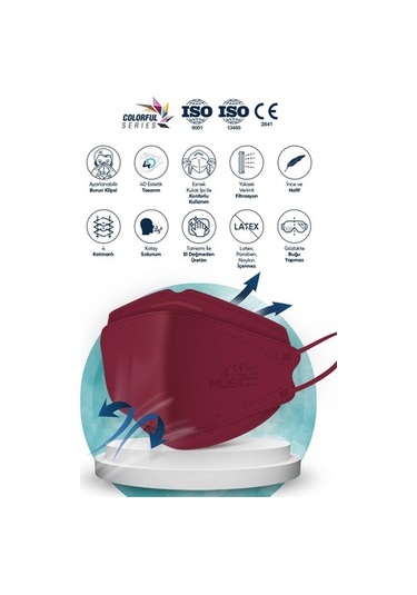 Musk Kf94 Kore Tipi N95 Maske 5 Renk 50 Adet (Pembe, Mor, Lila