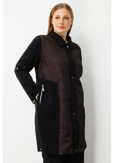Moda İlgi Kadın Büyük Beden Ön Kapama Çıtçıtlı Fermuarlı Gofre Kumaş Tunik 0017 Bordo Bordo