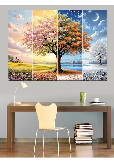 Dört Mevsim Ağaç Manzarası Dekoratif Kanvas - Mdf Ahşap Tablo