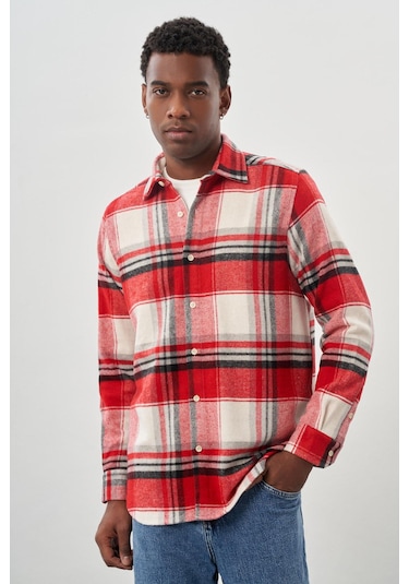 Koyu Kırmızı Yünlü Ekose Desen Yumuşak Yaka Cepsiz Uzun Kol Casual Comfort Fit Gömlek 1004245227 Koyu Kırmızı