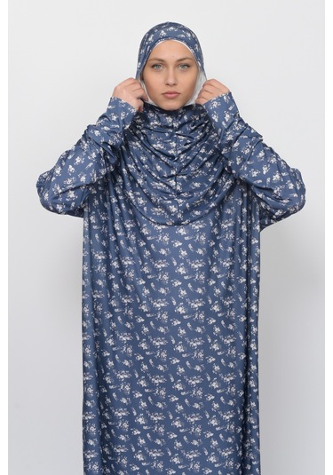Pratik Tek Parça Çiçek Desenli Kollu Tak Çıkar Başörtülü Likralı Tesettür Namaz Elbisesi 990-0201 Lacivert Antrasit