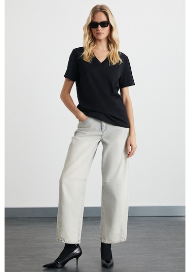 GRIMELANGE Alıne Kadın %100 Organik Pamuk Derin V Yakalı Comfort Fit Siyah T-shirt Siyah