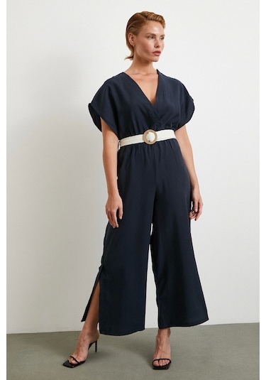 Kemer Detaylı Yarasa Kol Tulum Lacivert Lacivert