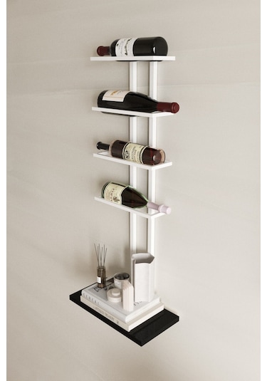 Aju Şaraplık Ve Kadeh Rafı Duvara Monte Şarap Mahzeni Modern Duvar Alkol Rafı - Metal Ve Ahşap Tasarım Beyaz