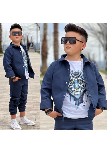 Modavals Gabardin Gömlek Kargo Cep Pantolon Ve Kaplan Baskılı Tshırt 3 Parça Erkek Çocuk Takım Lacivert Modavals Gabardin Gömlek Kargo Cep Pantolon Ve Kaplan Baskılı Tshırt 3 Parça Erkek Çocuk Takım Lacivert