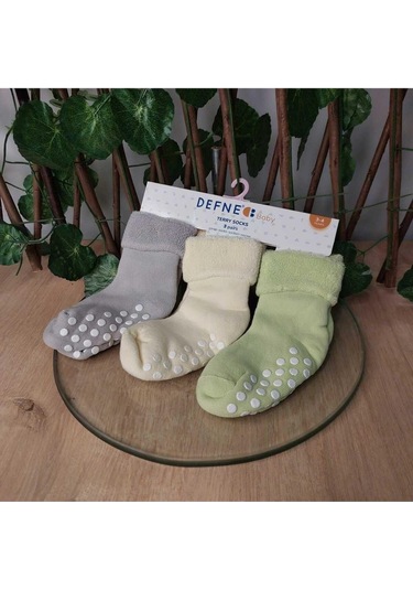 3-4 Yaş 3 Çift Havlu Pamuklu Kaydırmaz Taban Kışlık Unısex Çocuk Ve Bebek Soket Çorap-594 Yeşil