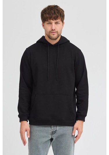 Erkek Siyah Standart Fit Normal Kesim Içi Polarlı 3 Iplik Kapüşonlu Pamuklu Sweatshirt Siyah