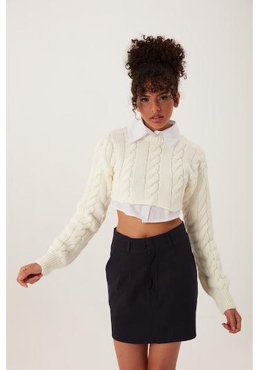 Quhox Kadın Triko Crop Sweatshirt Krem