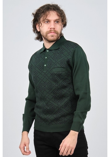 Ateş Triko Erkek Cep Detaylı Polo Yaka Desenli Yün Kazak 6092097 Yeşil