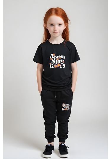 Always Stay Baskılı Kız Çocuk Tişört Ve Eşofman Alt-üst Takım Siyah