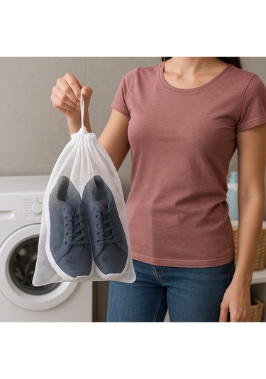 3 Lü Set Ayakkabı Yıkama Filesi 35x55 Cm Ağzı Büzgülü Çamaşır Makinesi Koruma Filesi Beyaz