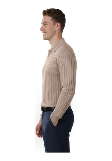 Deepsea Erkek Bej Polo Yaka Fitilli Triko Kazak Pamuk, Esnek Dokulu, Modern Kalıp 2605305 Bej