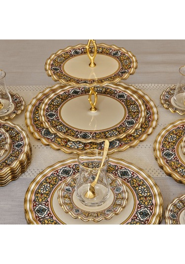 Glore Gisele Altın Yaldızlı Cam 28 Parça Çay İkram Takımı Full Set Renkli