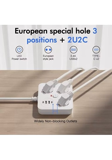 Aşırı Yük Koruyucu Avrupa Soket Kartı Tip-c Usb 2 M Uzatma Kablosu Emniyet Anahtarı İle 0.12 M