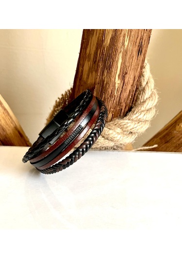 %100 Deri 5li Kombin Kahverengi Erkek Bileklik 21cm Türk Üretim Kahverengi - Siyah